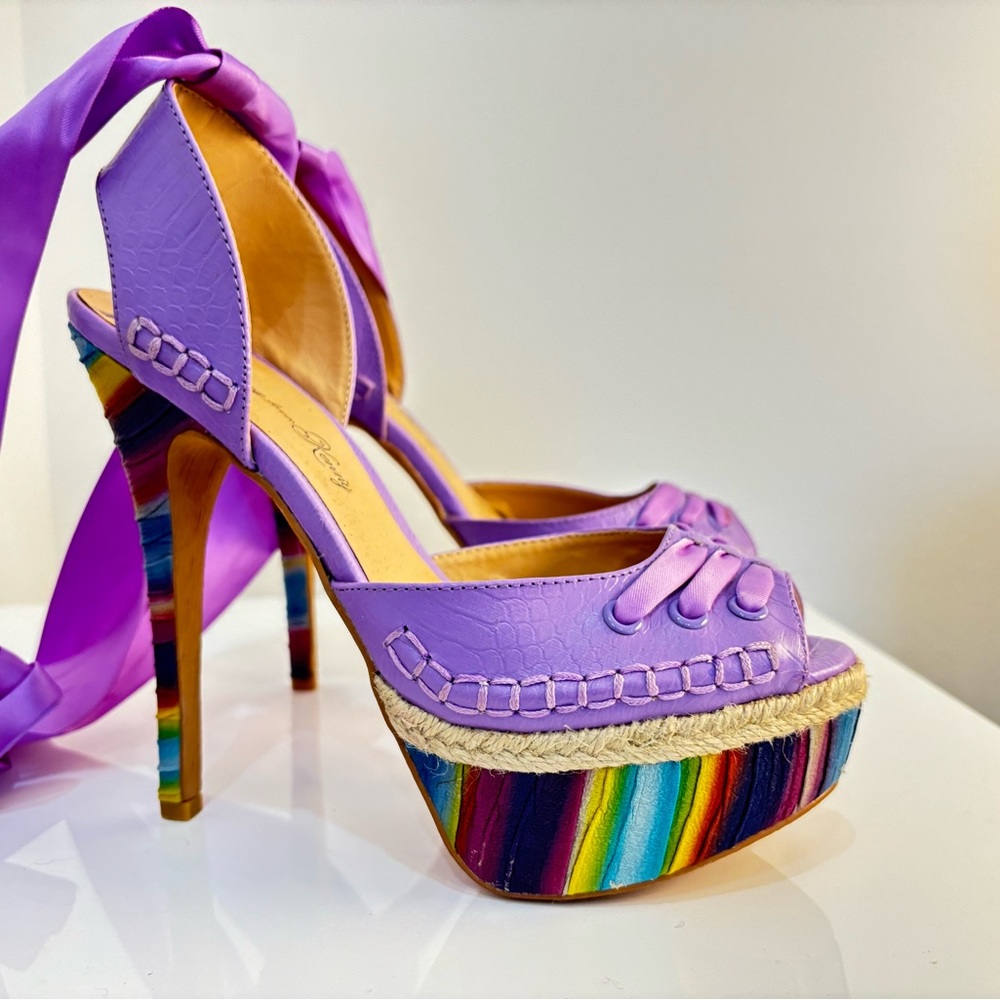 Penny Loves Kenny One of a kind lace up platform heels in purple lilac rainbow
